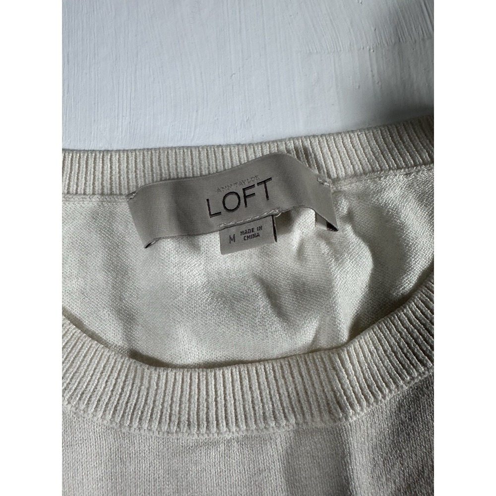 LOFT Womens M Neutral Crewneck Sweater Puff Shoulder Long Sleeve Top - Picture 2 of 6